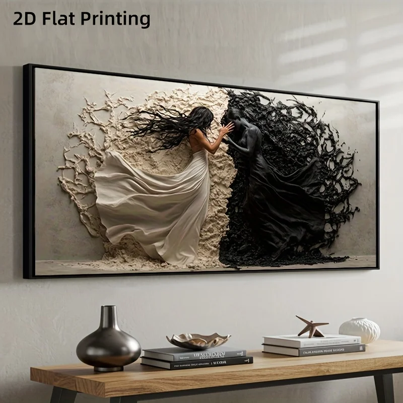 

2D Flat Large Modern Abstract Black & White Canvas Wall Art Print, Frameless Elegant Lover Canvas Artworks for Living Room Decor