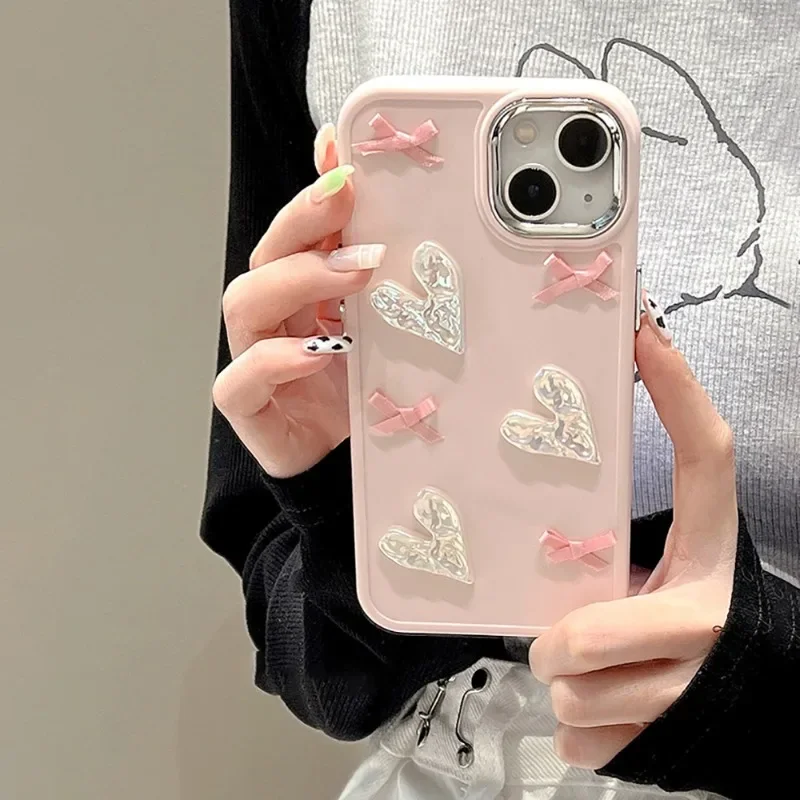 Pink Love Bow Cute Simple 14promax for Apple 15 Phone Case Iphone13 Stereo Laser 11 for 12 Soft Small Fresh