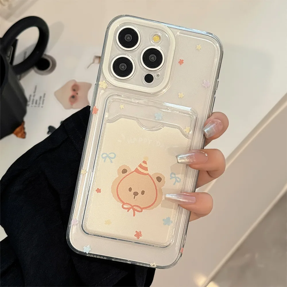 Ins cute bear stand holder card bag shell for iphone 15 pro max 14 plus 11 12 13 promax cartoon lovely phone case