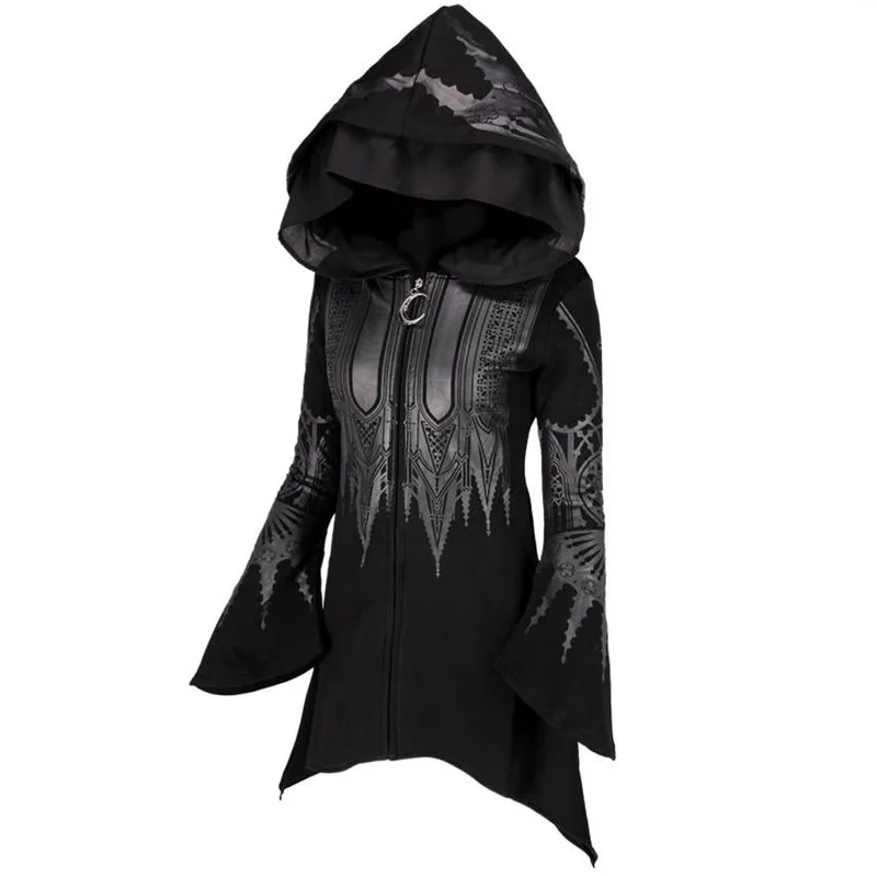 European American Style Punk Gothic Zip Up Hooded Sweatshirt for Women Autumn Winter Fashion Black Printed Hoodie Y2k Streetwear