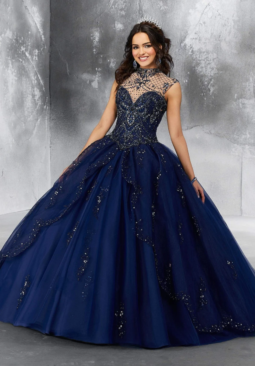 Customized Ball Gown Navy Blue Quinceanera Dress High Neck Beaded Sequins Robe De Soiree Sweet 16 Birthday Party Gowns YQD106