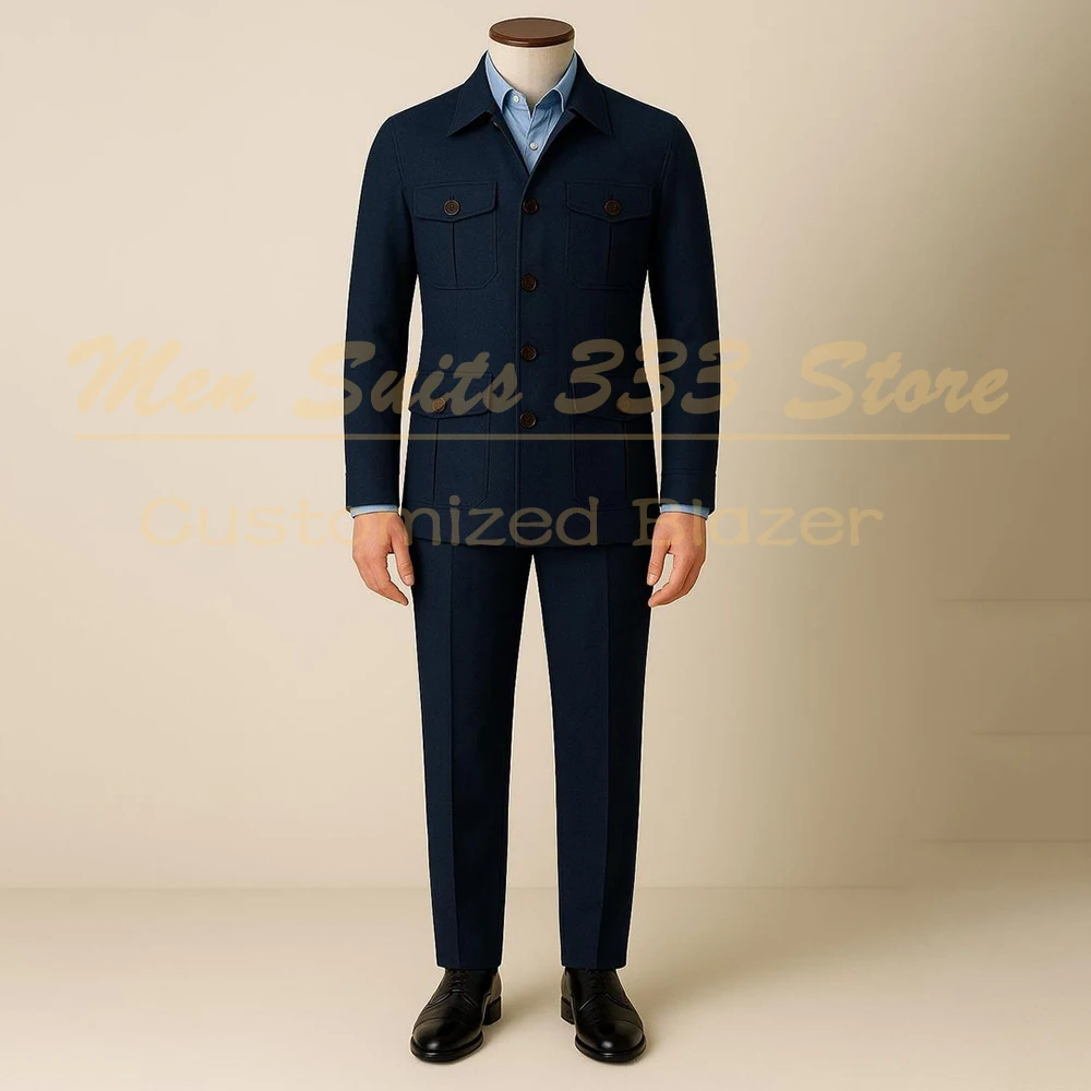 

Navy Blue Men Suits 2 Piece Jacket Pants Sets High Quality Single Breasted Stand Lapel Slim Fit Male Clothing Customzied Blazer