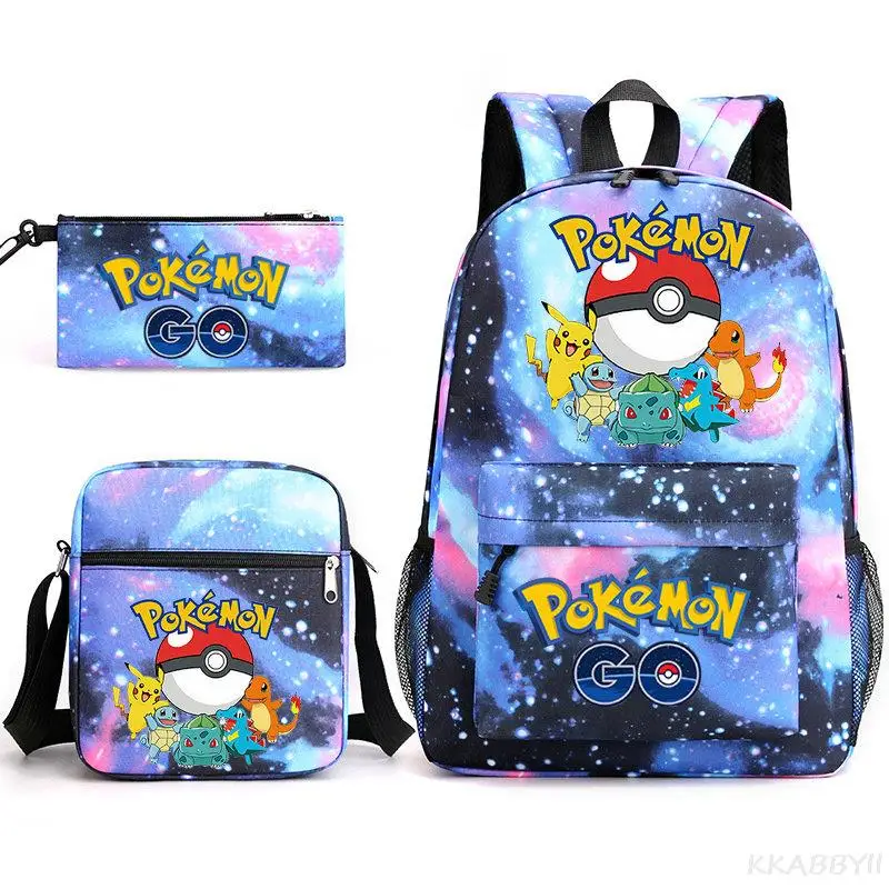 POKEMON Pikachu Backpack 3pcs Cute Cartoon School Bag Canvas Lovely Shoulder Bags Teens Travelling Bag Gifts