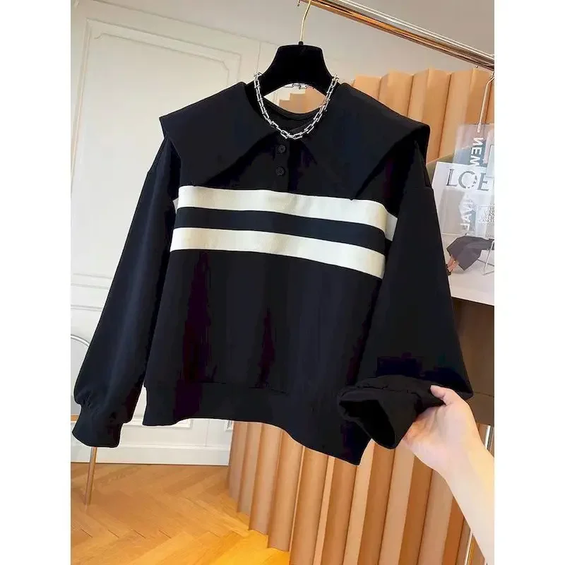 Fashion Pullover Women Striped Design Pullover Casual Loose Polo Sweatshirt Spring Autumn Trend Top Y2k Clothes Aesthetic Shirt