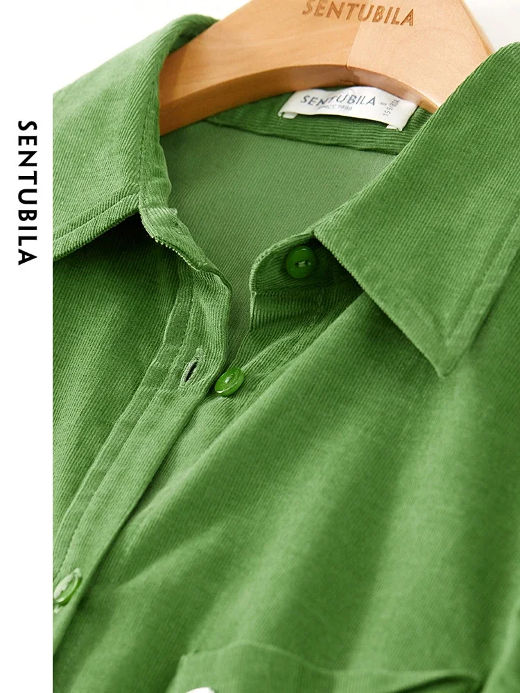 SENTUBILA Women\'s Cotton Corduroy Shirt Lapel Single Breasted Spring Green Loose Blouse Women 2024 Long Sleeve Top 133C51681