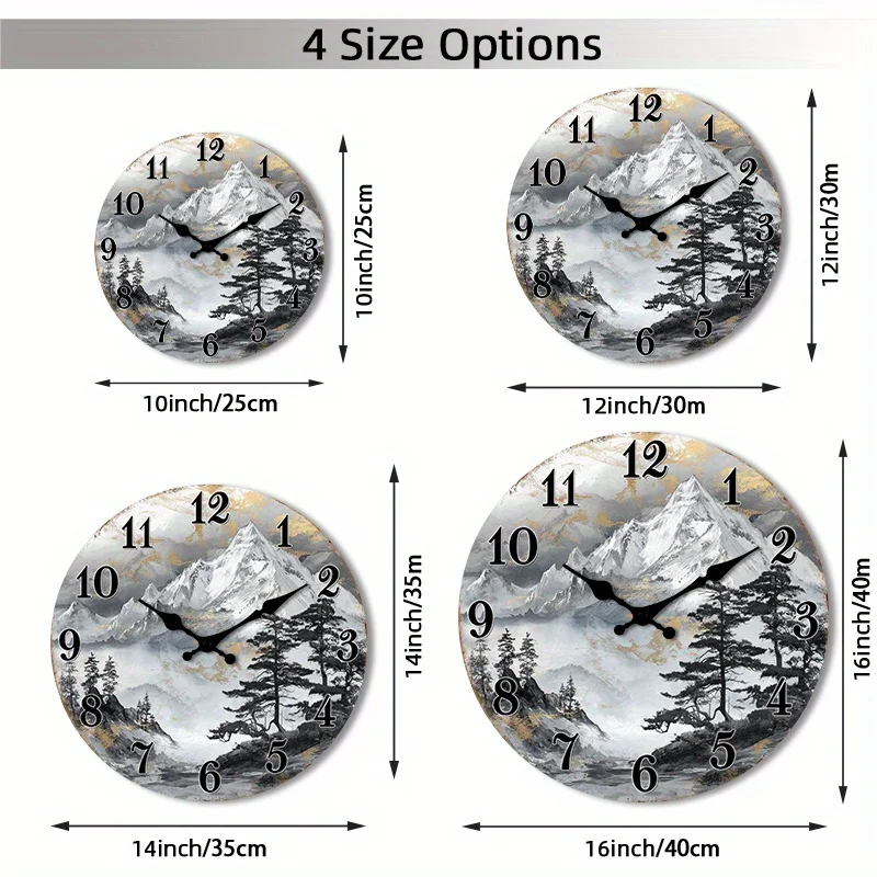 1pc of a Silent Wall Clock That Doesn'T Tick, Featuring a Decorative Circular Design of a Snowy Mountain Landscape with Pine Trees, Suitable for a Foyer, Kitchen, Home Office, Studio, Or Guest Room, Available in Sizes 25.4cm, 30.48cm, 35.56cm, And 40.64cm