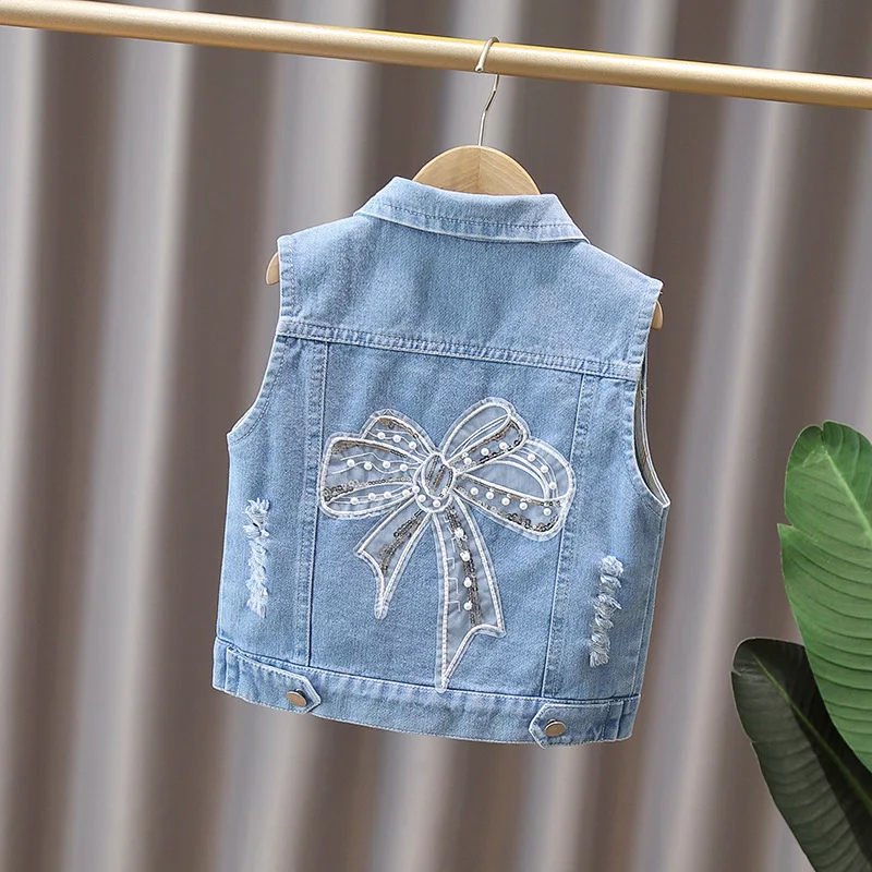 Girls Denim Vest Spring Autumn Lapel Sleeveless Children Waistcoat Cute Casual Single-Breasted Jean Outerwear