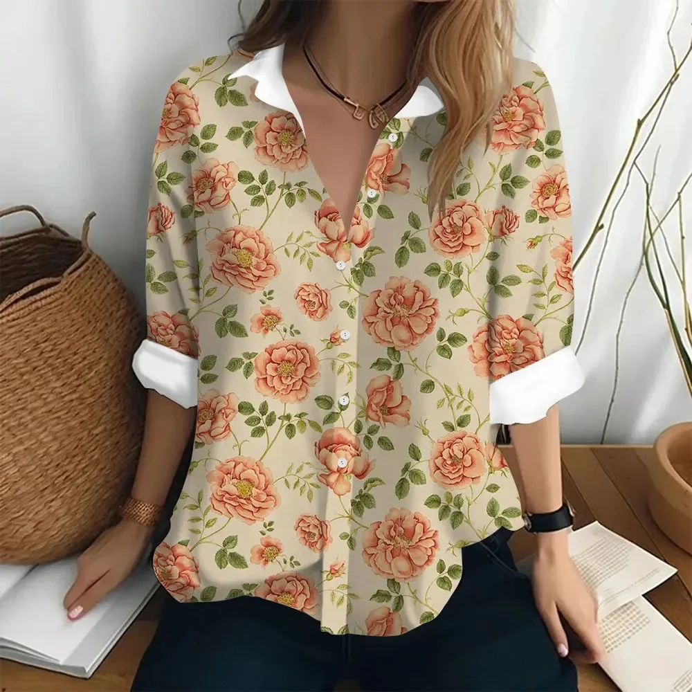 

Summer Women'S Long Sleeved Shirt Lapel Top Floral Pattern Casual Large Button Clothing Elegant Women'S Fashionable Shirt