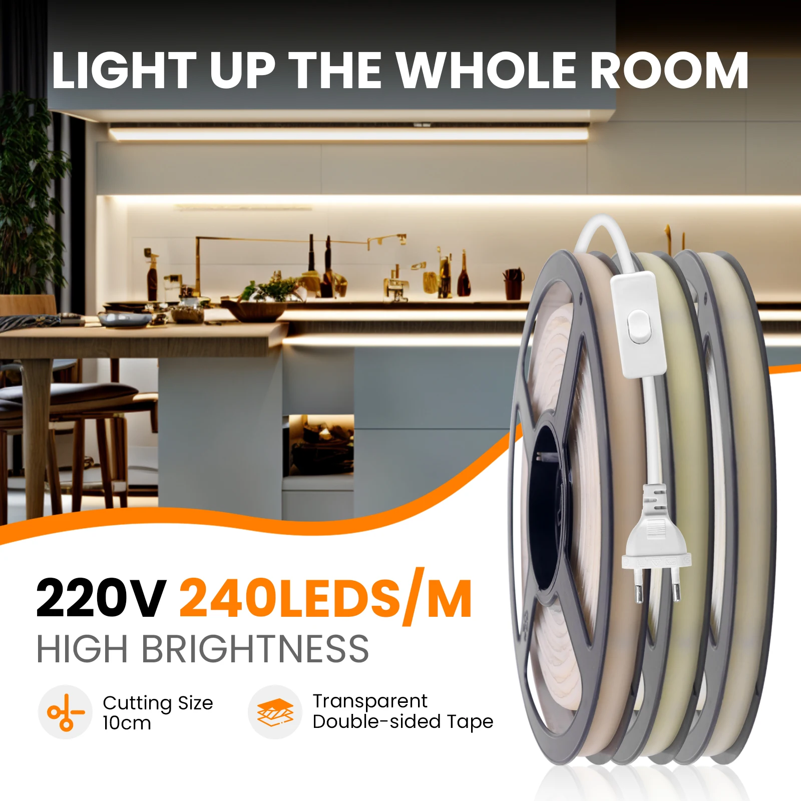 230V COB Strip LED Neon Light With IC 240LEDs/M IP65 Warm/Neutral/White FOB Flexible Adhesive Tape Ribbon Lamp 2Pin Wire EU Plug