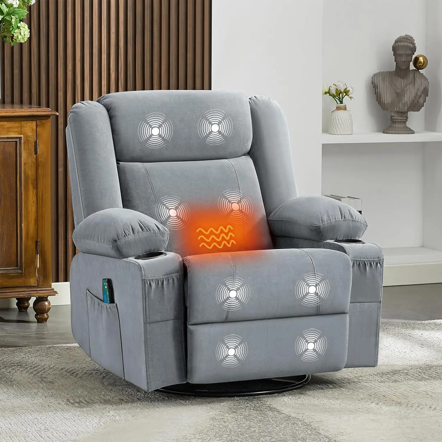 Swivel Rocker Recliner with Heat & 8-Point Massage, Extra Wide Manual Sofa for Adults, Overstuffed Chair with 2 Cup Holders 4 Po