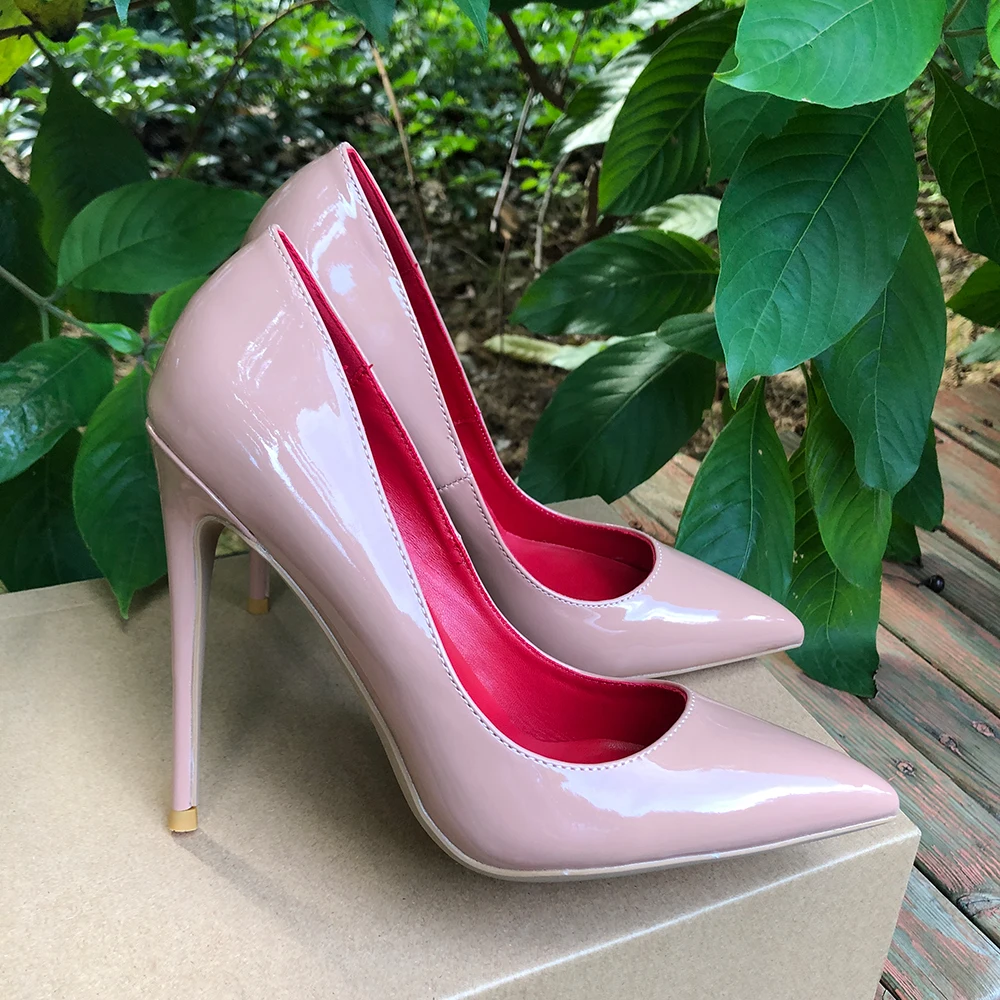 Tikicup Glossy Patent Nude Elegant Pumps Stilettos Women Sexy Pointy Toe High Heels Slip On OL Wedding Party Dress Shoes Size 46