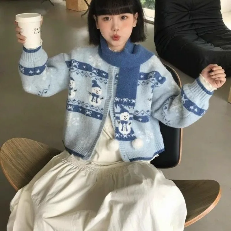 

2025 Fair Isle Christmas Sweater Cardigan Snowman Knit Coat Lazy New Top for Petite Women Autumn Winter Fashion