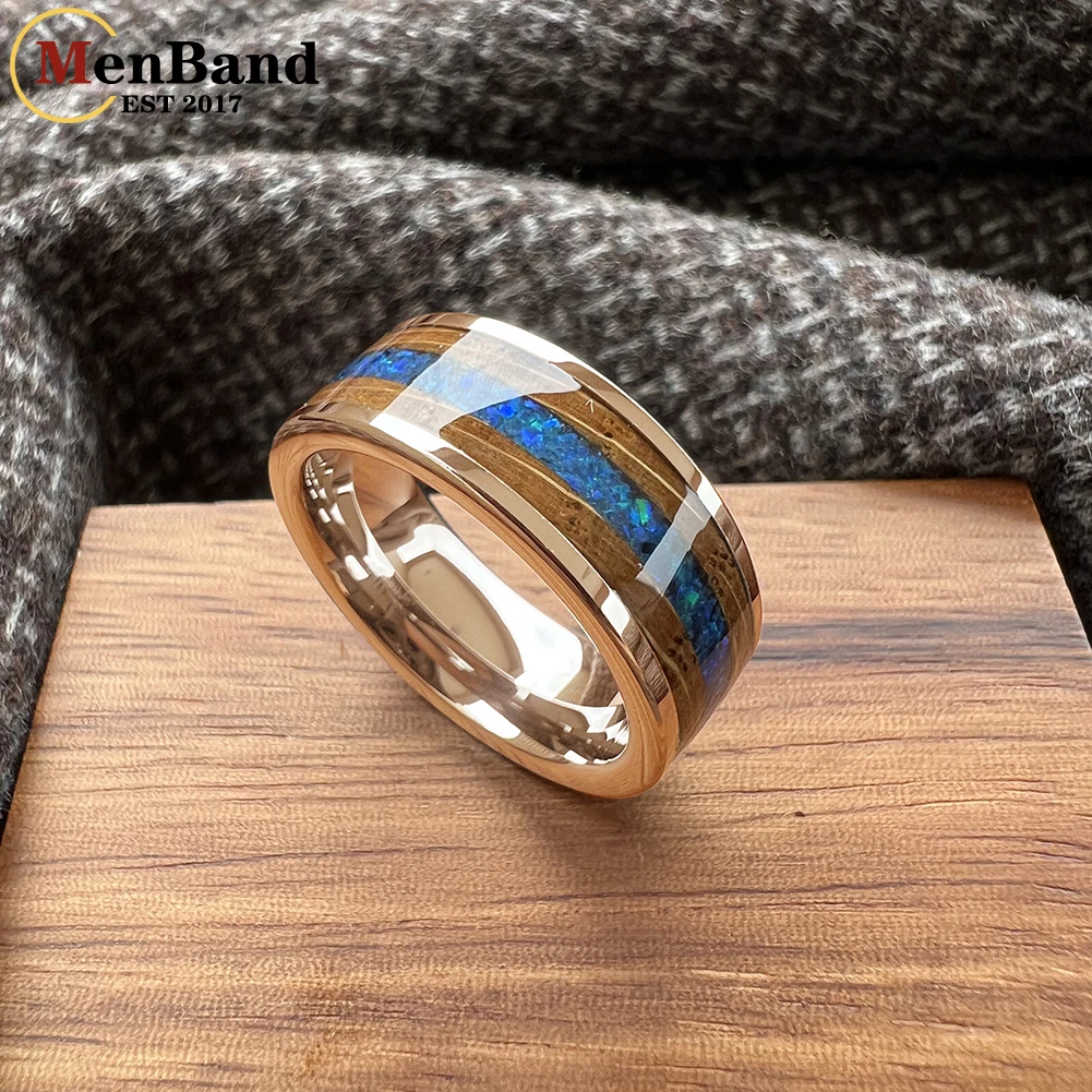 MenBand 8mm Blue Opal Whisky Barrel Wood Inlay Gold Tungsten Ring for Men Women Fasion Wedding Band Comfort Fit