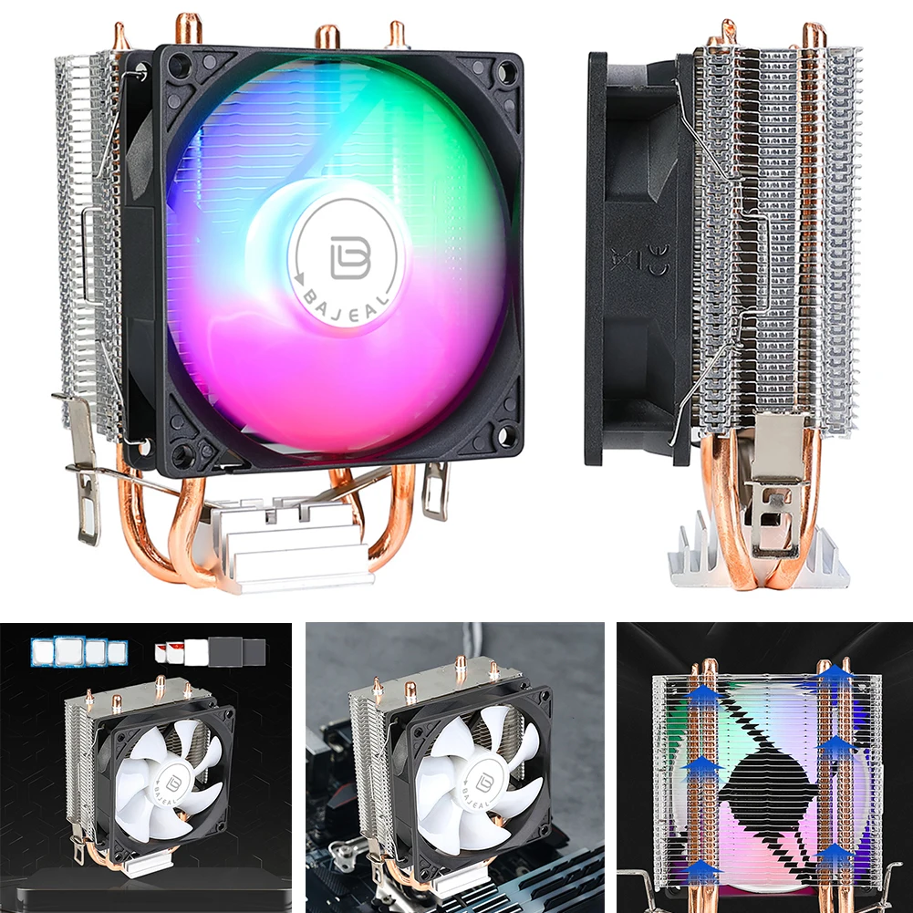 90mm CPU Cooler with 2 Heat Pipes CPU Air Cooler 3PIN Quiet Rainbow RGB Cooling Fan for Intel 1150/1151/1155/1156/1200 AMD AM2