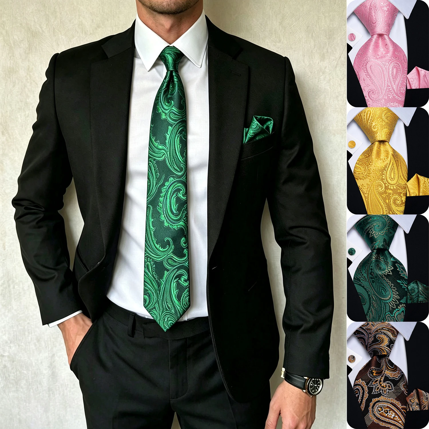 3Pcs Vintage Paisley Tie Set Mens Tie Handkerchief Cufflinks Set for Wedding Formal Business Banquet Party Groom Interview