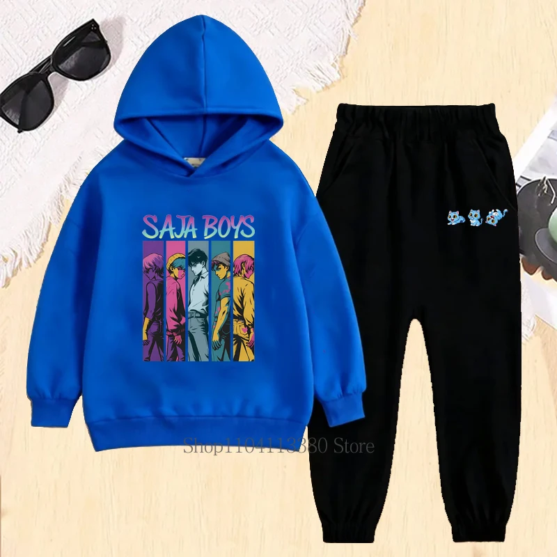 Zestaw dziecięcy z graficznym nadrukiem Saja Boys, jesienno-zimowy, dla dziewczynek i chłopców, casualowy, ciepły, modny, bluzy z kapturem i spodnie, odzież dziecięca z polaru.