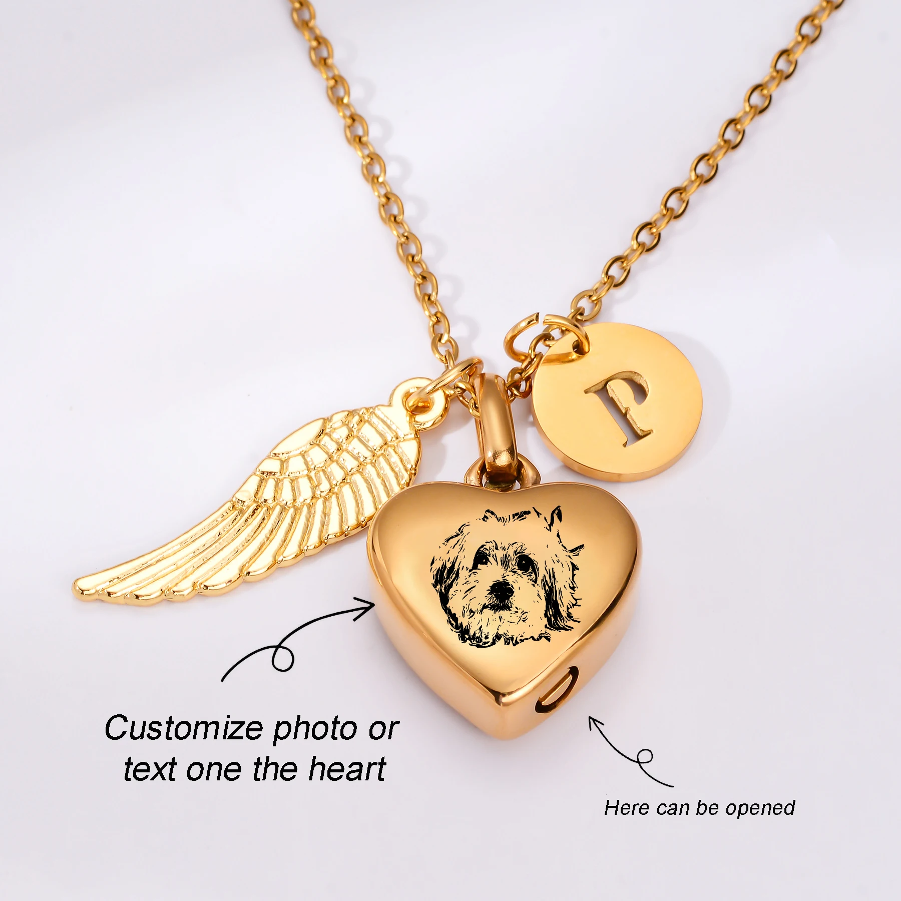 Personalisierte Foto-Text Edelstahl Engelsflügel Herz Urne Halskette Andenken Gedenkschmuck für Asche – Detail 3