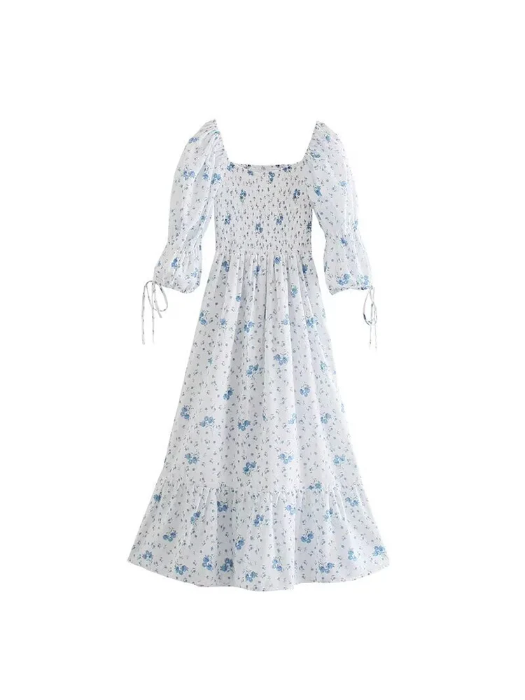 Neues Damenkleid im europäischen Stil, modisch und vielseitig, mit einem stilvollen Bindeband und einem bedruckten Design.