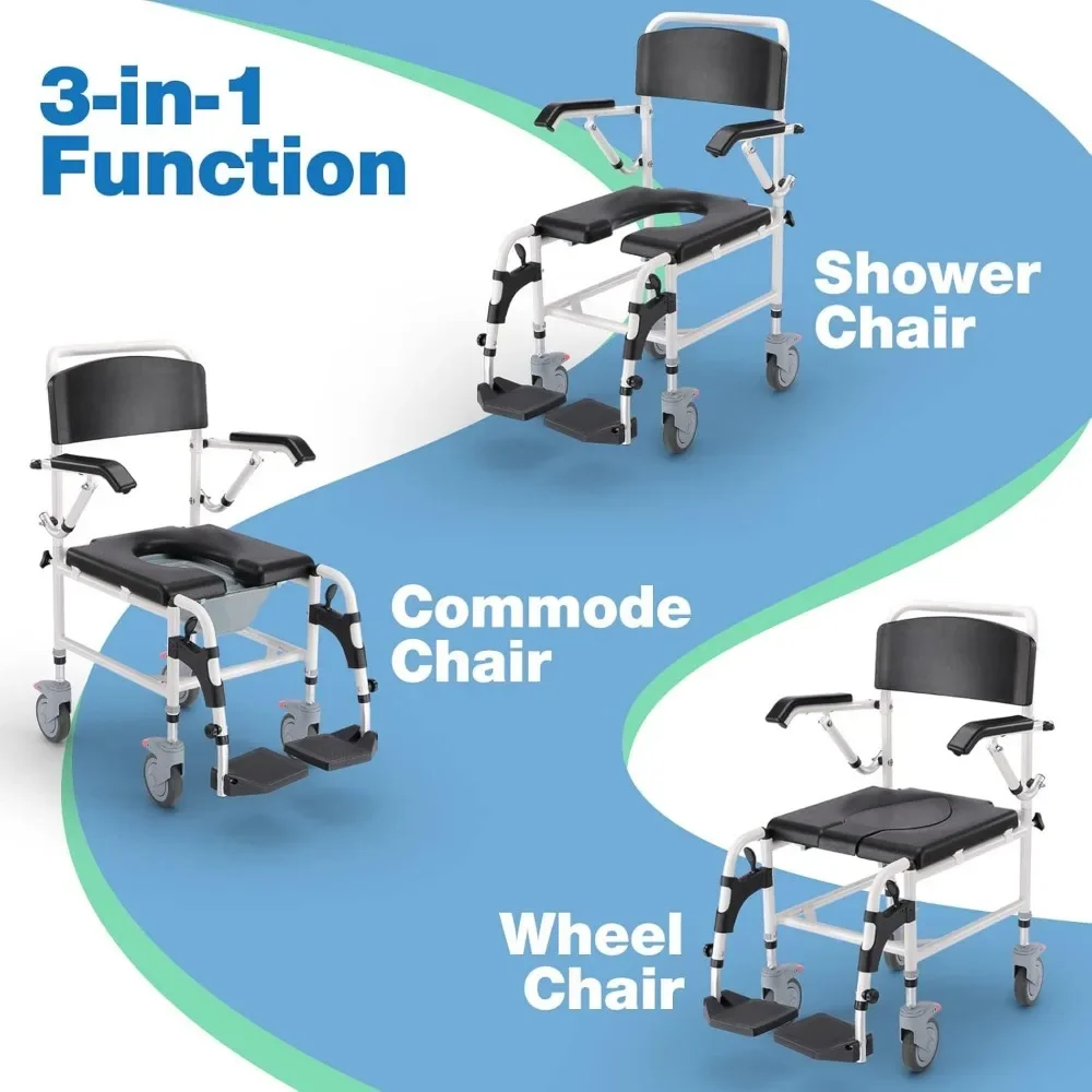 Shower Chair with Wheel Rolling Shower Chair with Drop Arms Shower Wheelchair Easy Transfer Chairs Mobile Potty  for Elderly