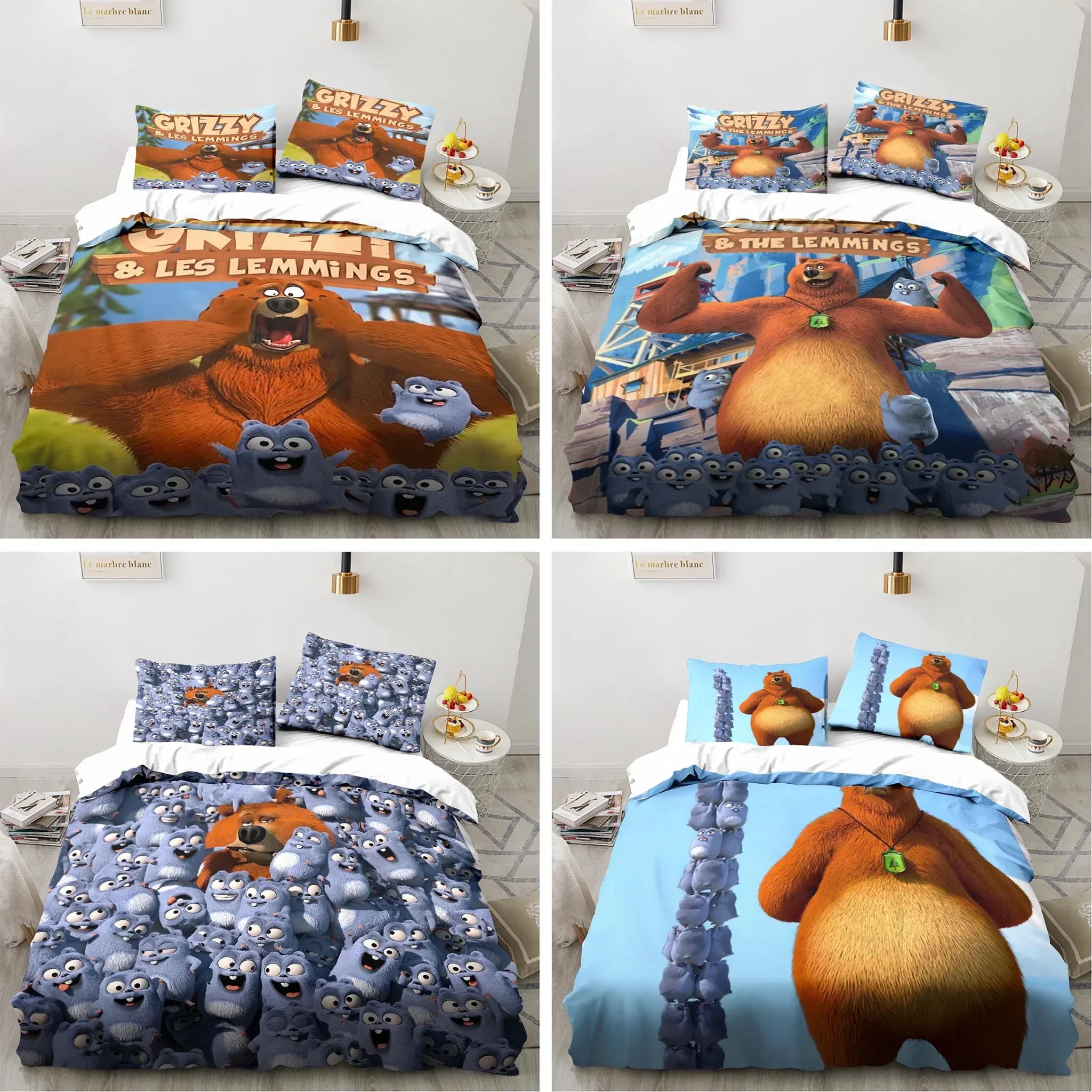 Grizzy and The Lemmings Bedding Set Boys Girls Twin Queen Size Duvet Cover Pillowcase Bed Kids Adult Fashion Home Textileextile