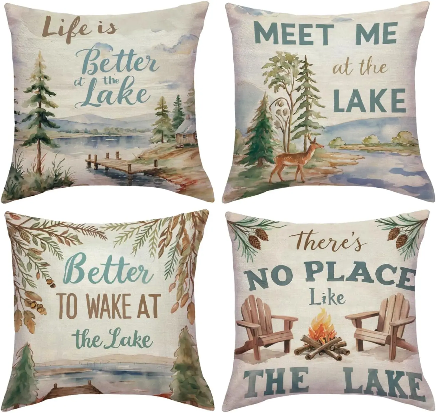 4 Pack Watercolor Lake Nature Print Pillow Covers Cushion Set Rustic Farmhouse Cabin Decor Throw Pillow for Living Room Bedroom