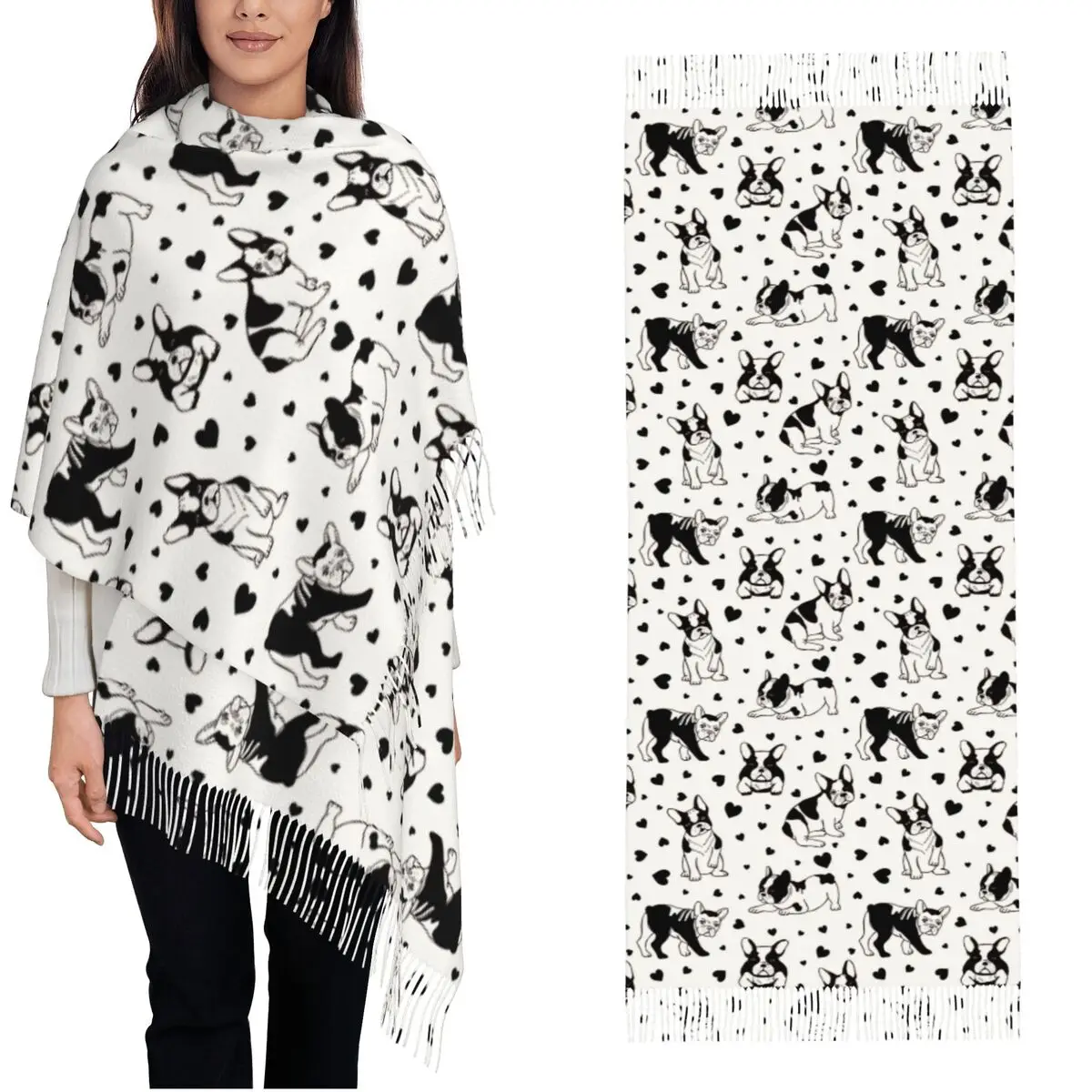 

Женский шарф с кисточками, большой зимний женский шарф из пашмины с французским бульдогом