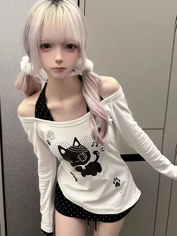 Sexy Halter Cute T Shirts Women Sweet Preppy Style Fall Cartoon Kawaii Tees Harajuku Vintage Long Sleeve Slim Off Shoulder Tops