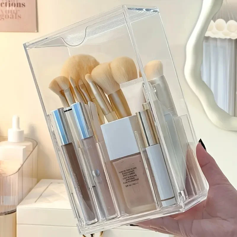 Porte-brosse de maquillage avec couvercle à rabat avant, boîte de rangement transparente pour pinceaux cosmétiques, porte-brosse de maquillage en acrylique, conteneur d'outils de maquillage de bureau incliné