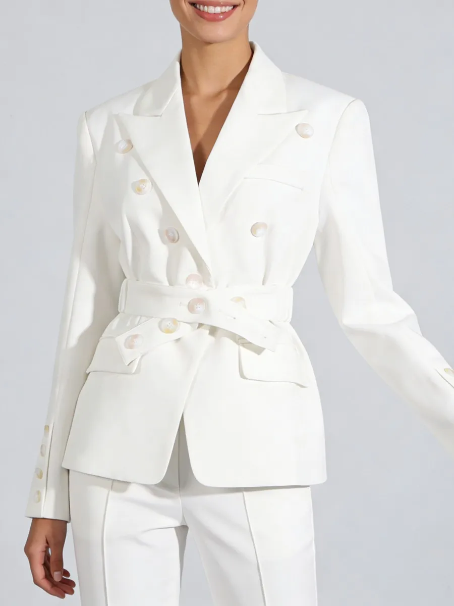 TWOTWINSTYLE White Slimming Spliced Buttons Design Sense Blazer for Women Lapel Long Sleeves Tunic Patchwork Belt Blazers Female