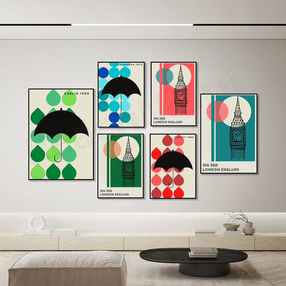 

Mid century modern Dublin rain, Cardiff Wales, Edinburgh Scotland, umbrella print, Big Ben London, London city travel poster
