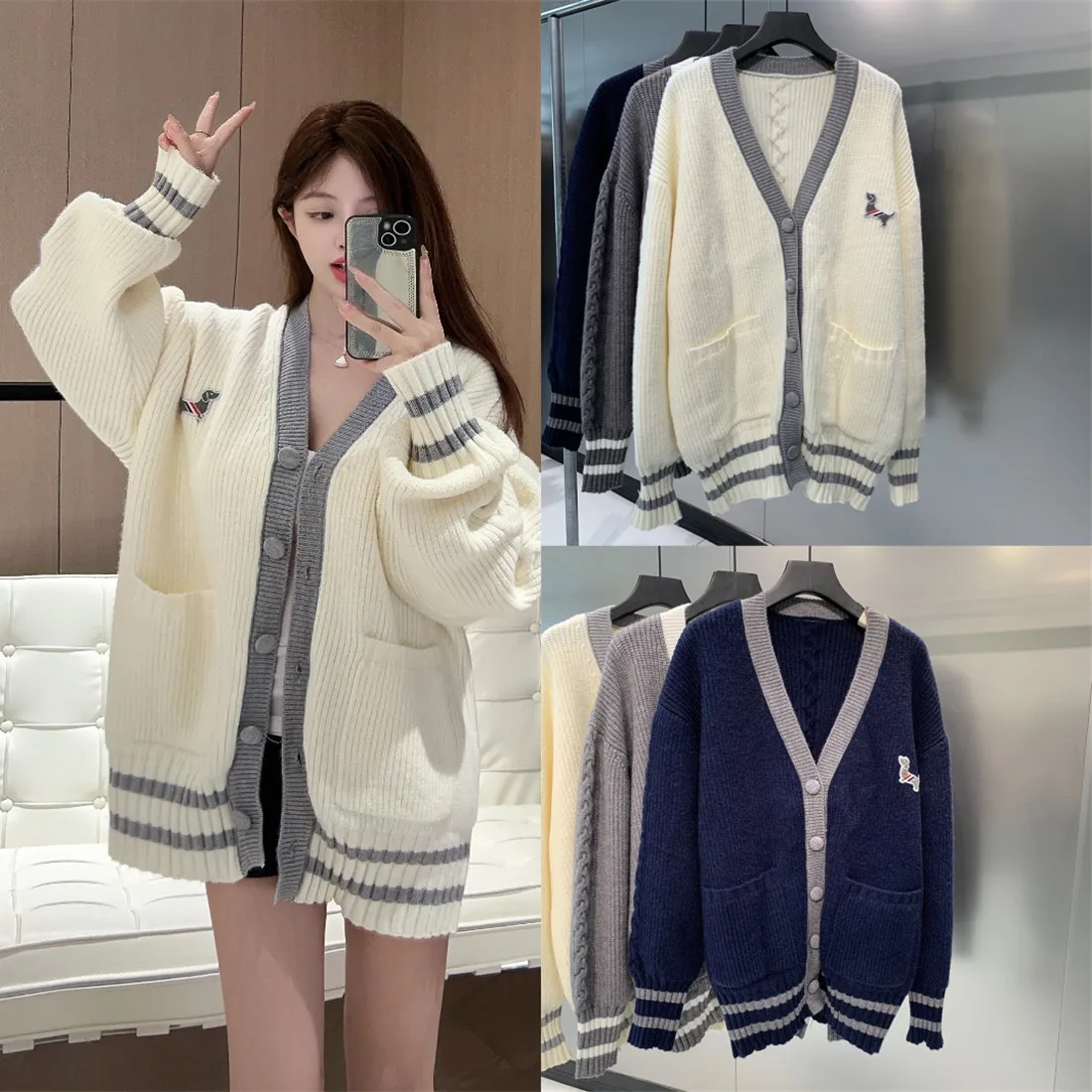 

High-End Version Color Blo Knitted Dog Sweater Coat Casual Loose V-Ne Autumn Winter Outerwear Long Sve Mid-Length