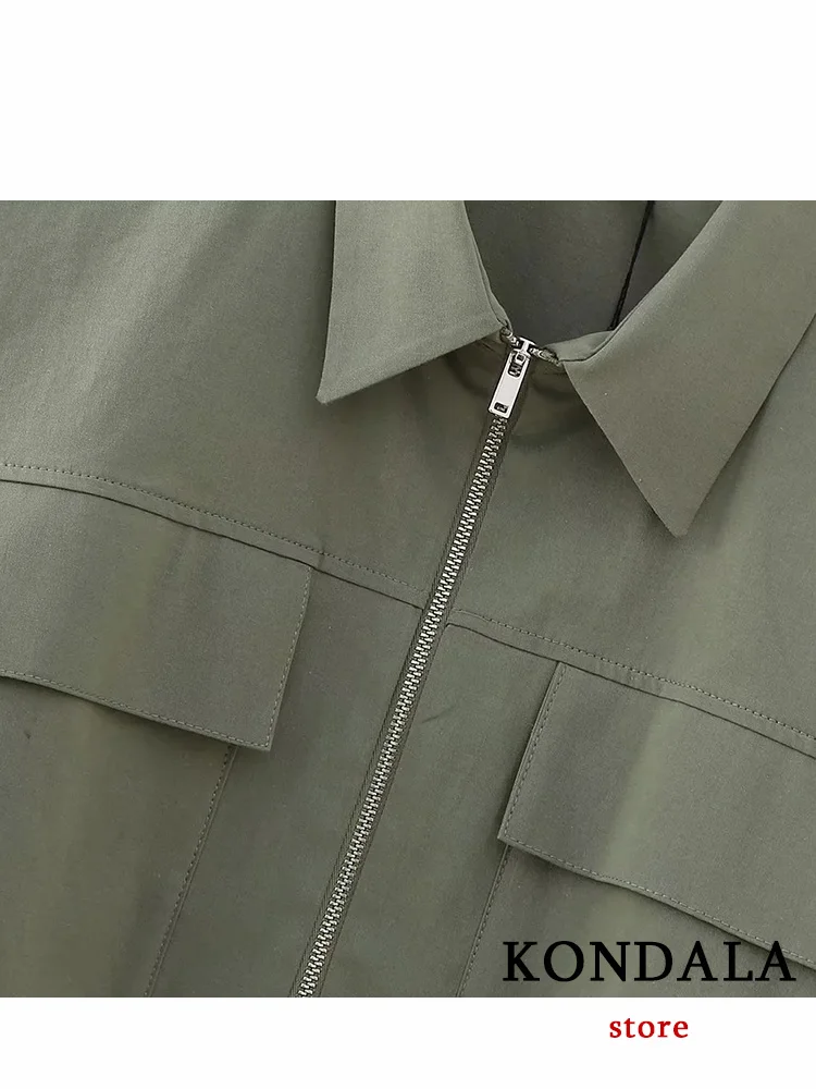 KONDALA Casual Armygreen Women Blouse Solid Turn-down Collar Zipper Pockets Short Loose Blouse Fashion 2023 Autumn Shirts