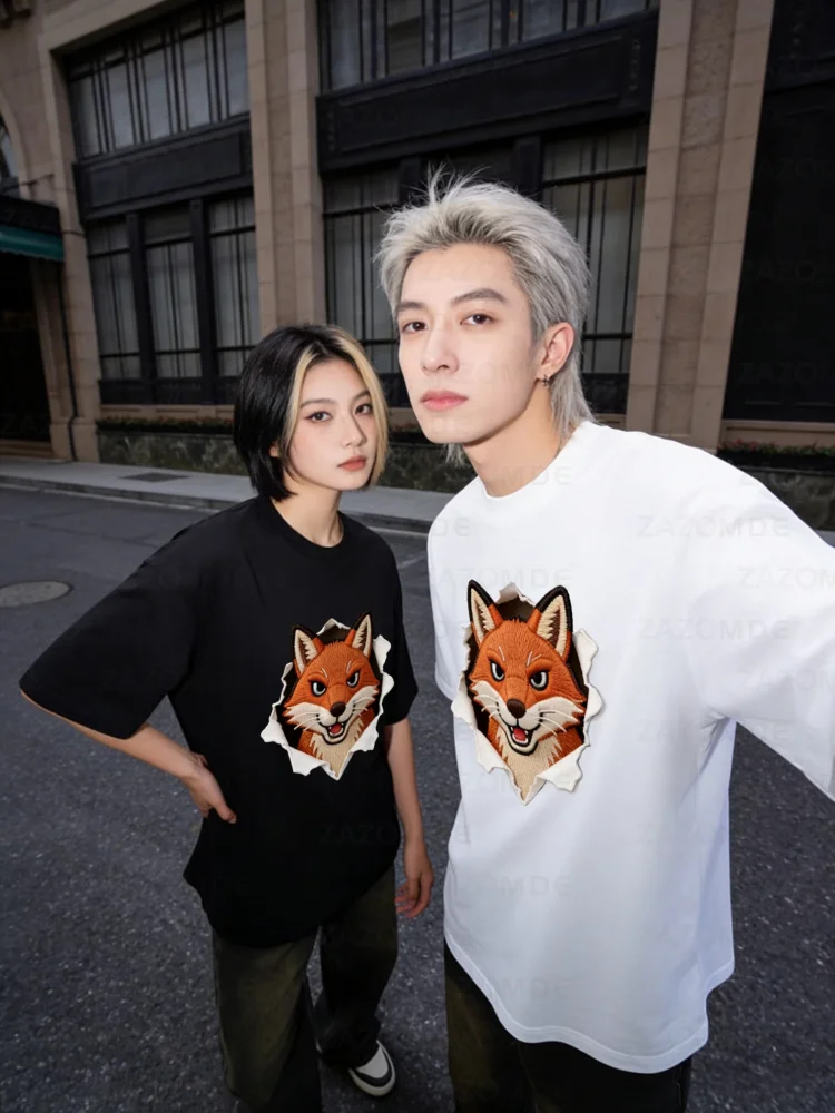 

Футболка ZAZOMDE Bold Fox с животным принтом из чистого хлопка, с короткими рукавами, в уличном стиле, свободного кроя, унисекс, для повседневной городской моды