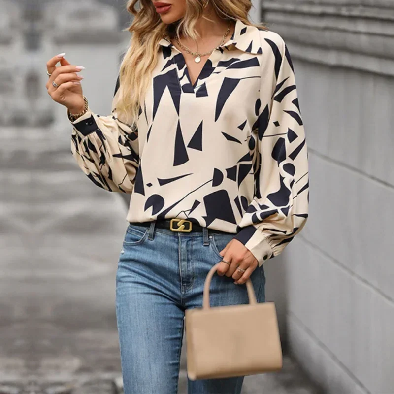 Women Ladies Floral Print Lapel V Neck Shirt Tops Casual Lantern Long Sleeve Loose Lightweight Tee Blouse