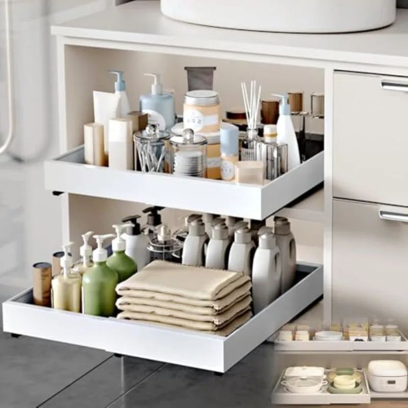 

2-Pack Pull-Out Cabinet Organizer, 32–52cm Adjustable Sliding Drawers, No-Drill Adhesive Install for Kitchen Bathroom Storage