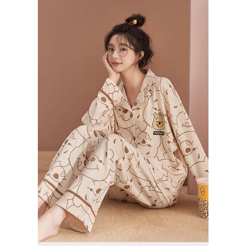 Disney cotton women\'s pajamas lapel long-sleeved trousers loose cardigan thermal silk pajamas women\'s Winnie the Pooh loungewear