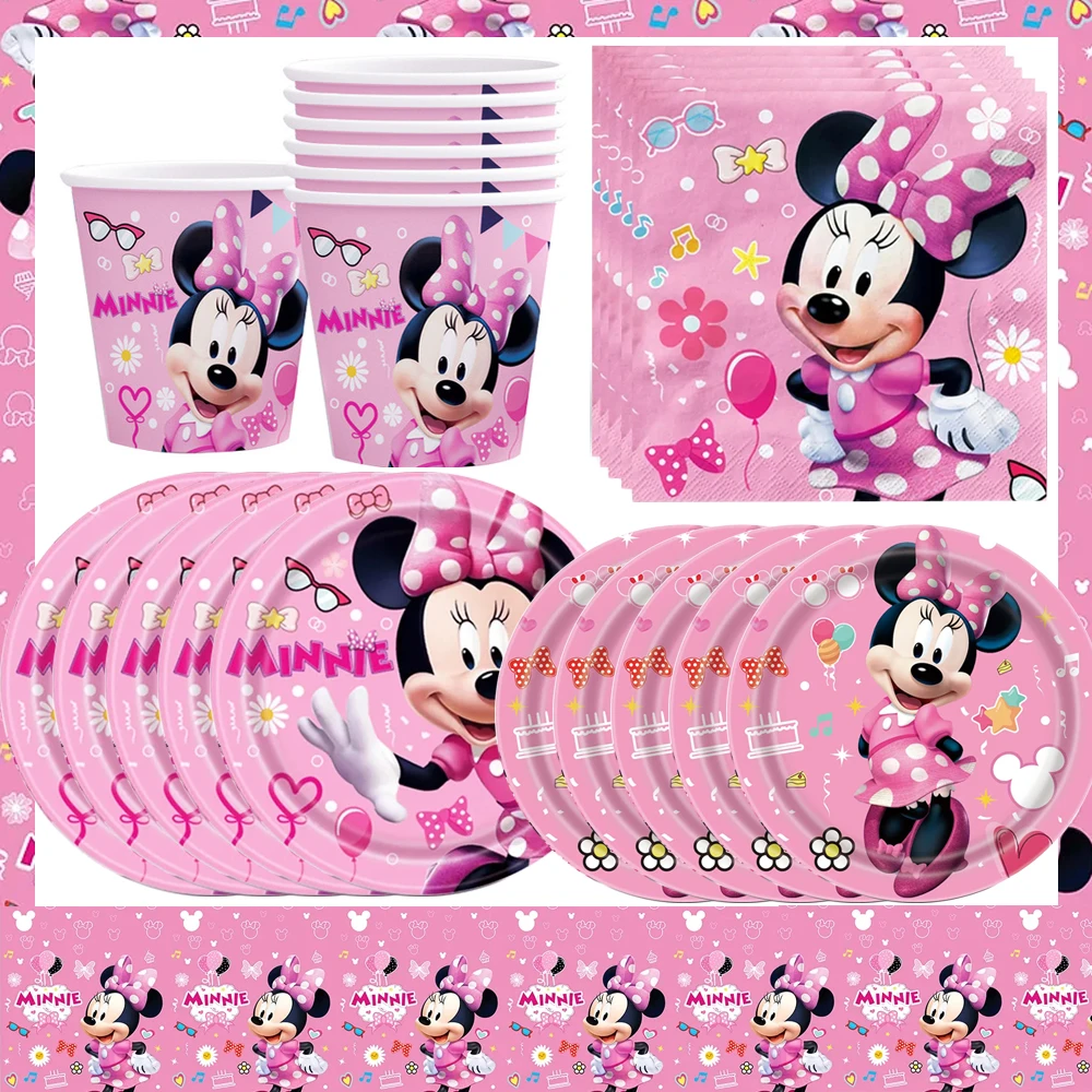 Disney Minnie Mouse Party Supplies Minnie Theme Banner Balloon Cup Plates Napkins For Kids Baby Shower Birthday Party Decoration