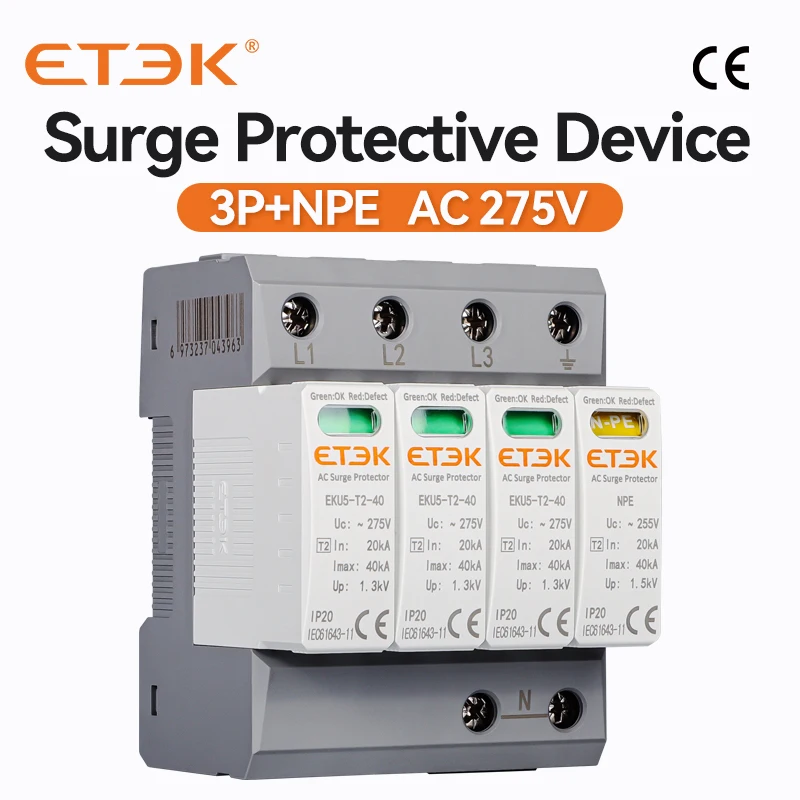 Dispositivo Protetor do Impulso da Casa de Etek Protetor Prendedor tipo t2 Spd C.a. 4p 20ka40ka 3p Mais Npe 275v Eku5-t2403pn275