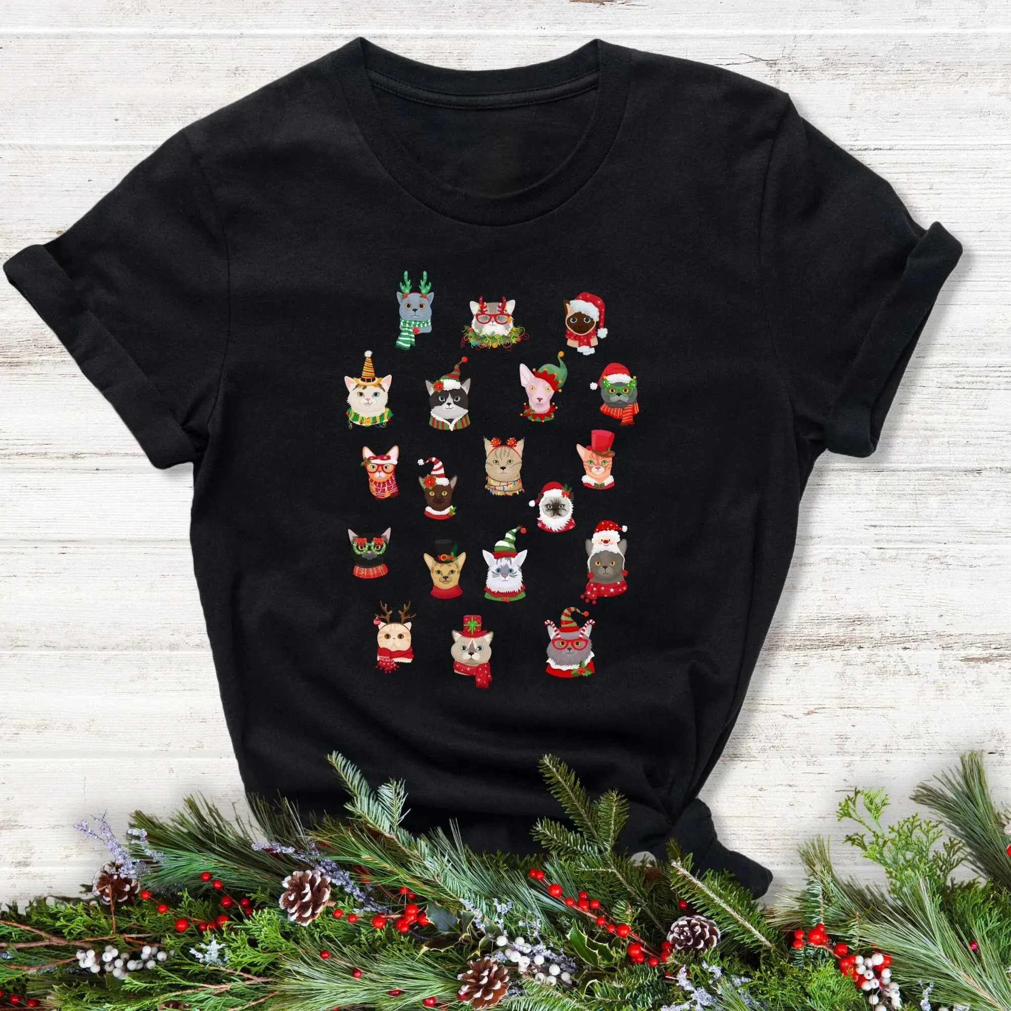 Santa Claus Hat Cats T Shirt Antler Merry Christmas Family Cute Animal Lover