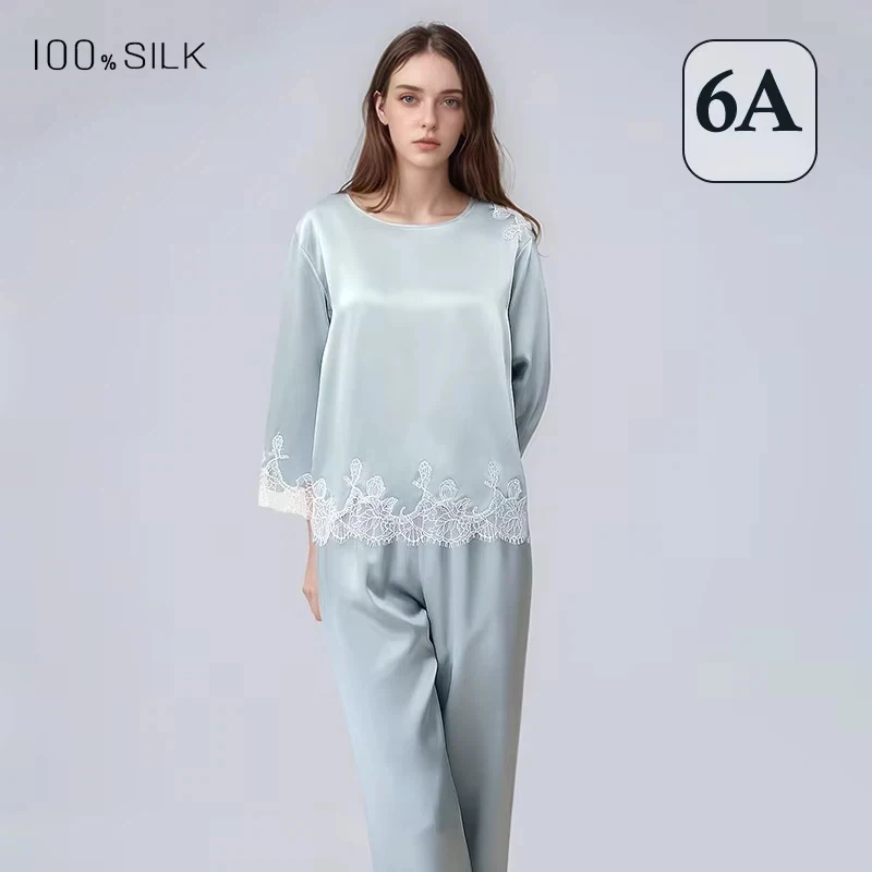 2026 Spring Summer Women Silk Pajamas 19 Momme 100% Mulberry Silk Crew Neck Loungewear Sleepwear Set