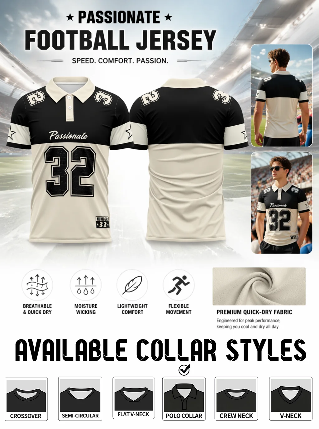 Classic black‑and‑beige split‑color polo football jersey, printed with No.32 and star decorations