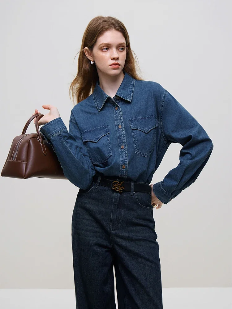 FSLE Retro Fashionable Washed Old Denim 100% Cotton Shirt for Women Autumn Winter 2023 New Big Pockets Design Top Female