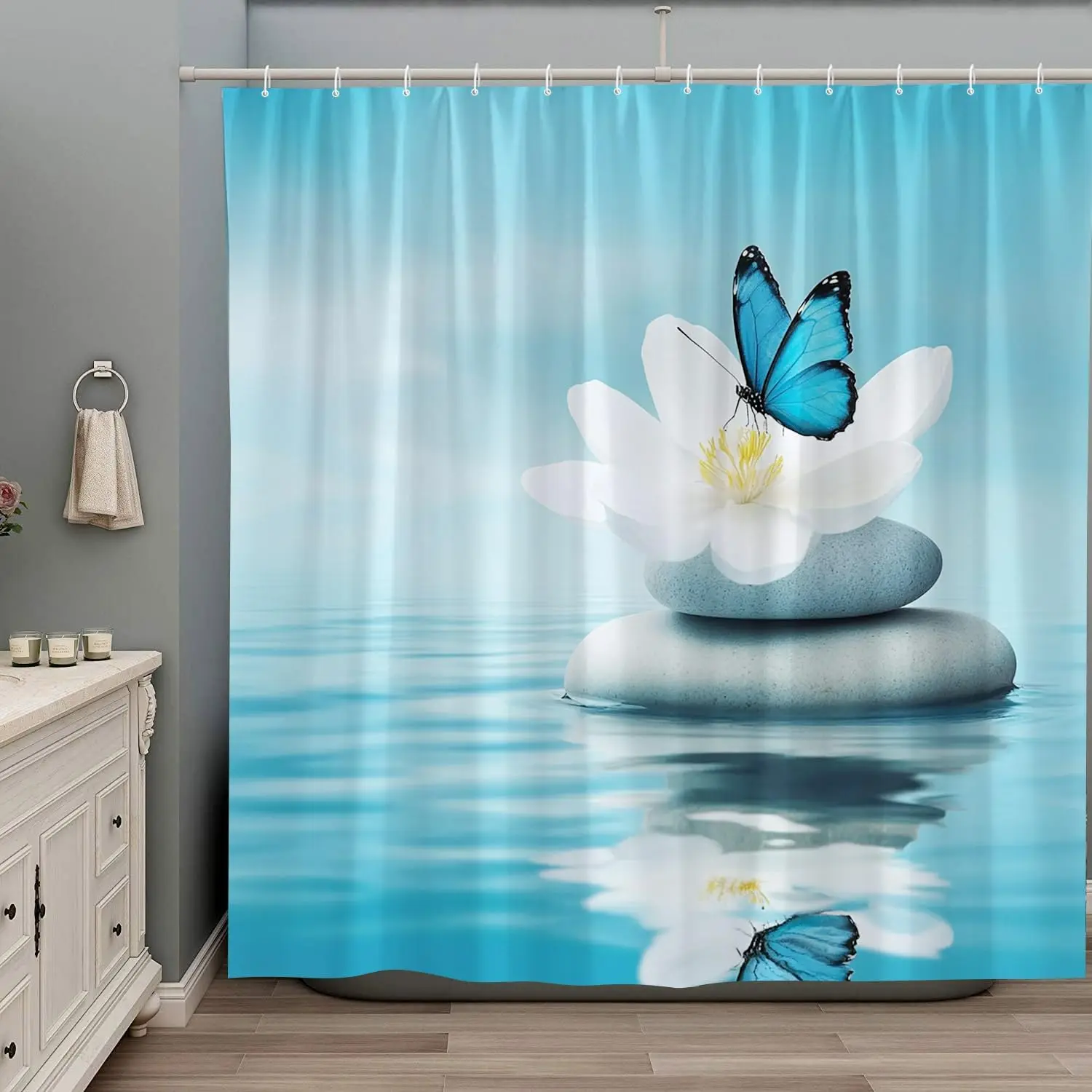 

Занавеска для душа Zen, синяя бабочка, цветок, спа, камень, отражение в воде, отдых, весенняя мода, комплект декора для ванной комнаты из полиэстера для девочек
