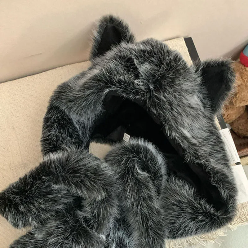 Chapeau à Trous en Fausse Fourrure avec Écharpe de Cou pour Femme, Couvre-Oreilles de Renard 3D, Casquette Bombardier Trooper Chaude d'Hiver pour le Ski et le Cyclisme