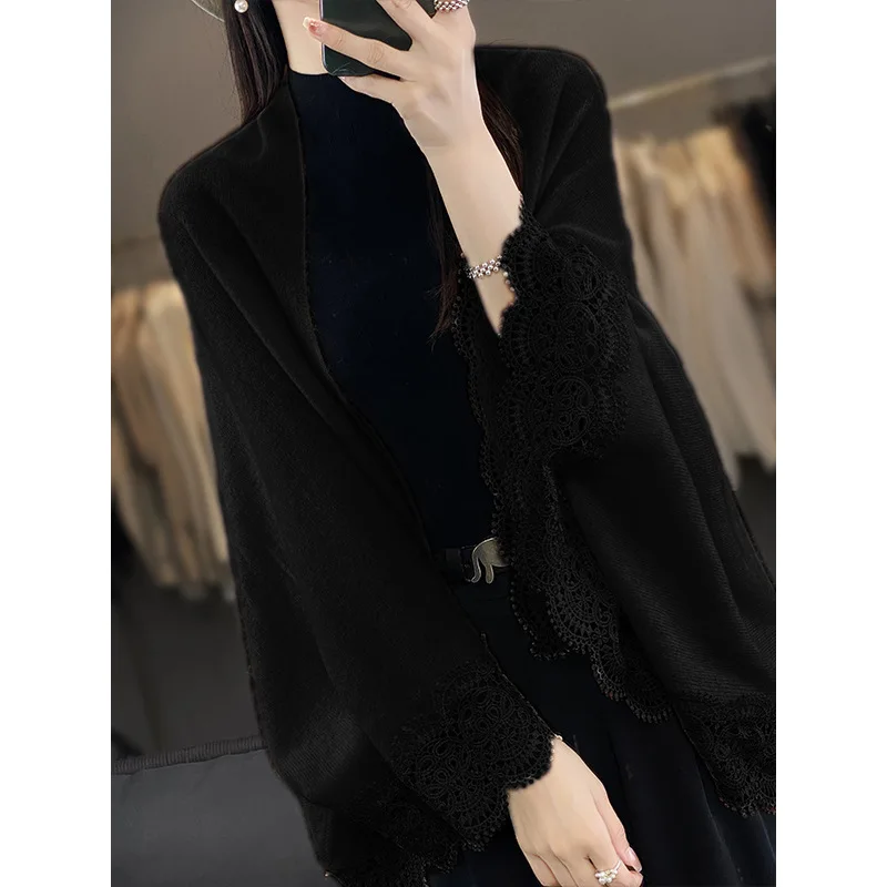 Popular Lace Edge 100% Wool Knitted Shawl Spring Autumn Thin Women's Soft, Skin friendly, Breathable, and Fashionable Cardigan