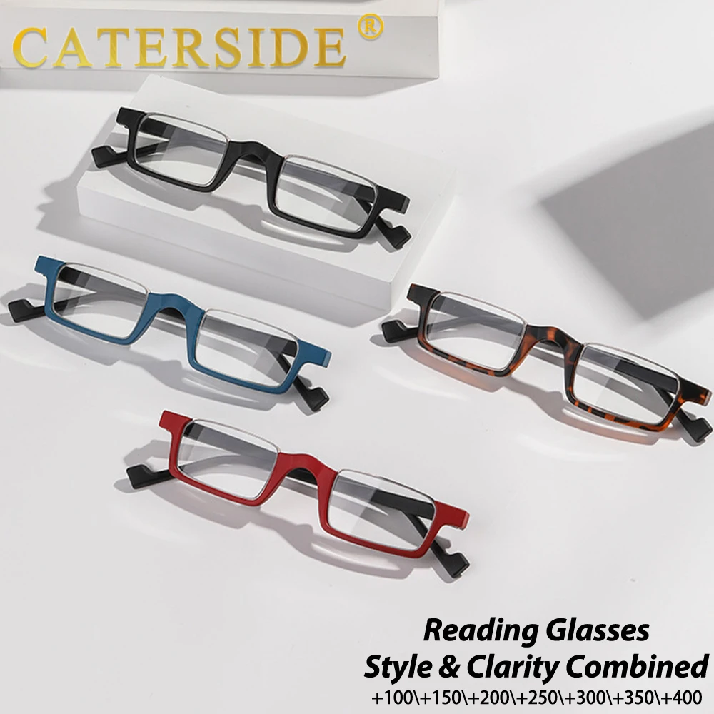 CATERSIDE Fashion Half Rim Reading Glasses For Men Women Small Rectangle Frame Daily Presbyopic Glasses +1.00~+4.00