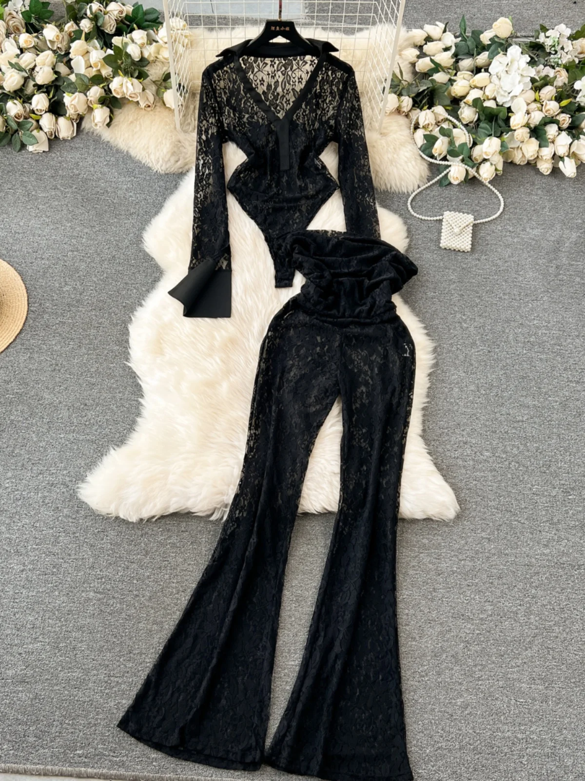 2024 Spring Summer Sexy Girl Sheer Long Sleeve Lace Jumpsuit High Waist Slim Bell-Bottom Pants 2 Piece Sets Womens Outfits