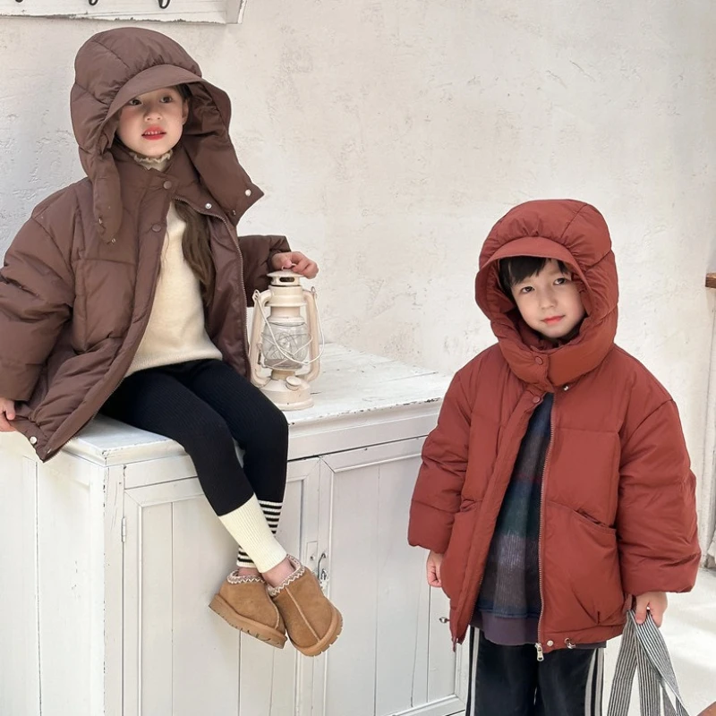 2025 Children's Winter New Mid to Large Children's Solid Color Hoodie with Thick White Duck Down and Cotton Coat