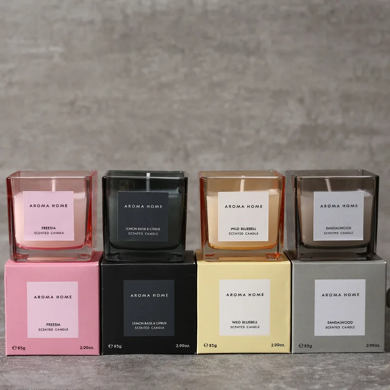 Ins Style Vintage Square Glass Jar Scented Candle Essential Oils Soy Wax Candle Aromatherapy Home Decoration Birthday Xmas Gift