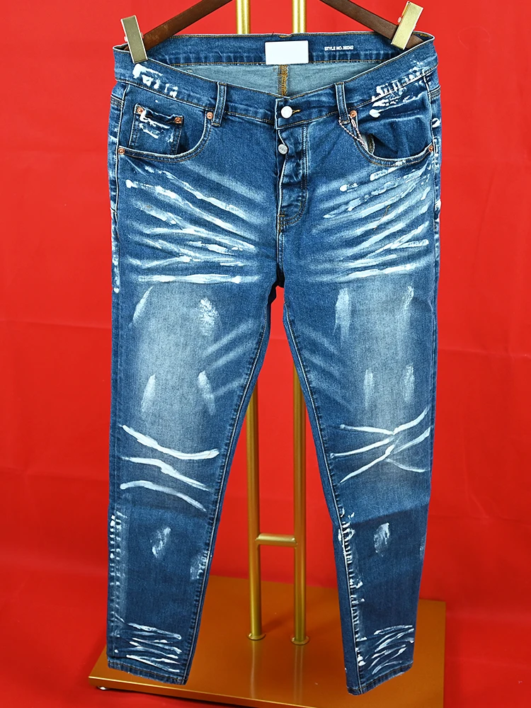 

Purple roca Jeans High Street brand Vintage Spotted Indigo Coated Mid Rise Slim Jeans Snow Wash High Quality Drop shipping